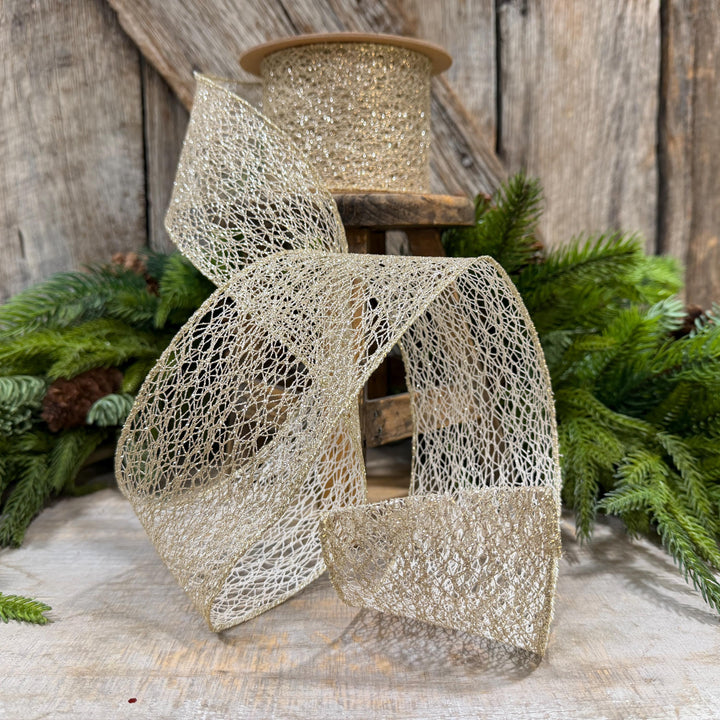 3" White Gold Mesh Wired Christmas Ribbon, 10 Yard Roll