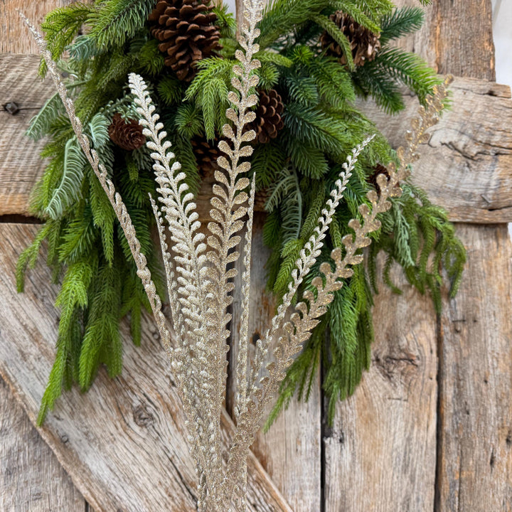 33" Champagne Glitter Leaf Spray, Tree Topper Floral Pick