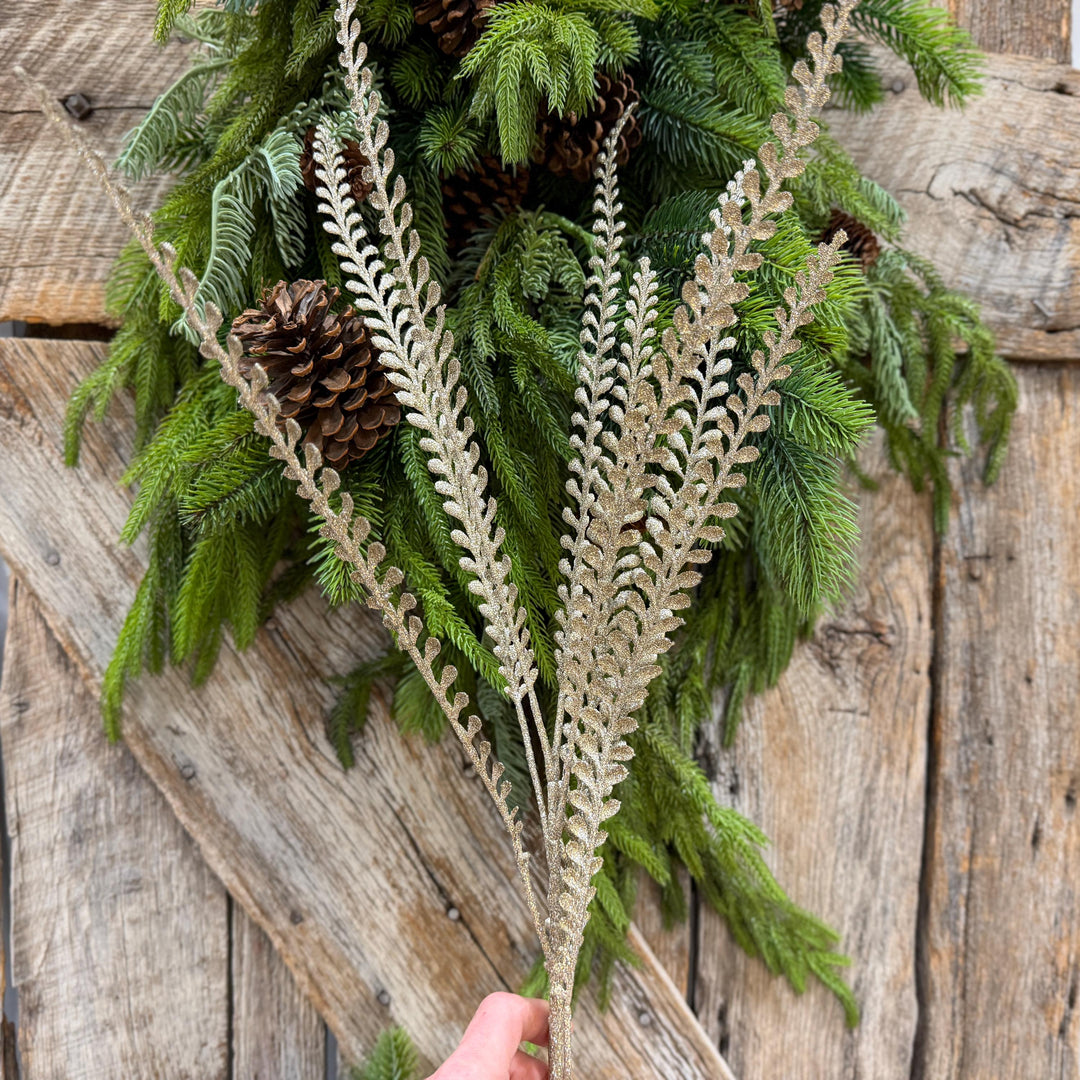 33" Champagne Glitter Leaf Spray, Tree Topper Floral Pick