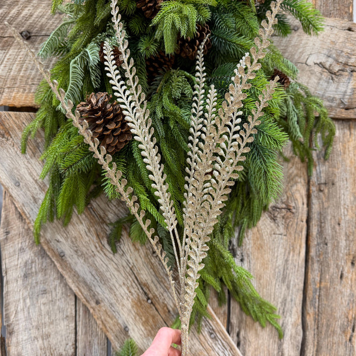 33" Champagne Glitter Leaf Spray, Tree Topper Floral Pick