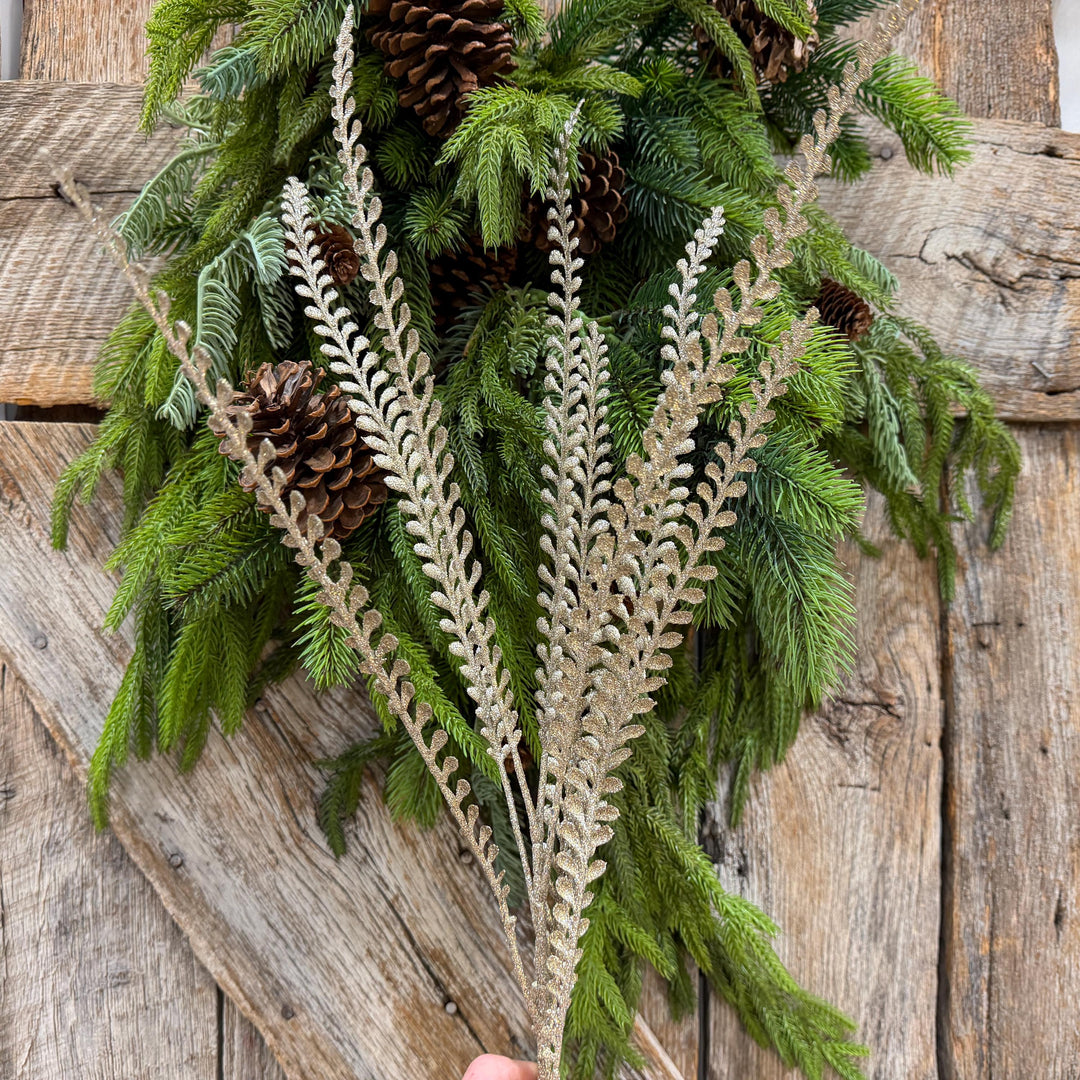 33" Champagne Glitter Leaf Spray, Tree Topper Floral Pick