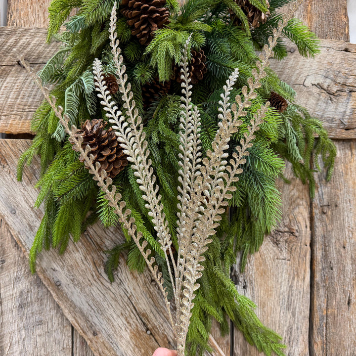 33" Champagne Glitter Leaf Spray, Tree Topper Floral Pick