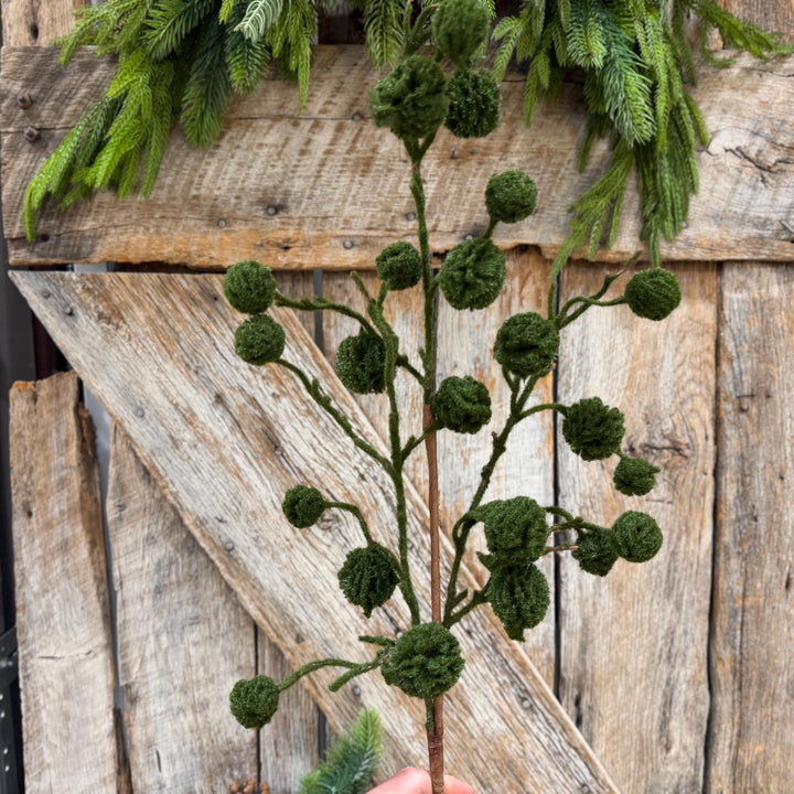 36" Moss Green Pom Pom Twig Spray, Christmas Moss Stem