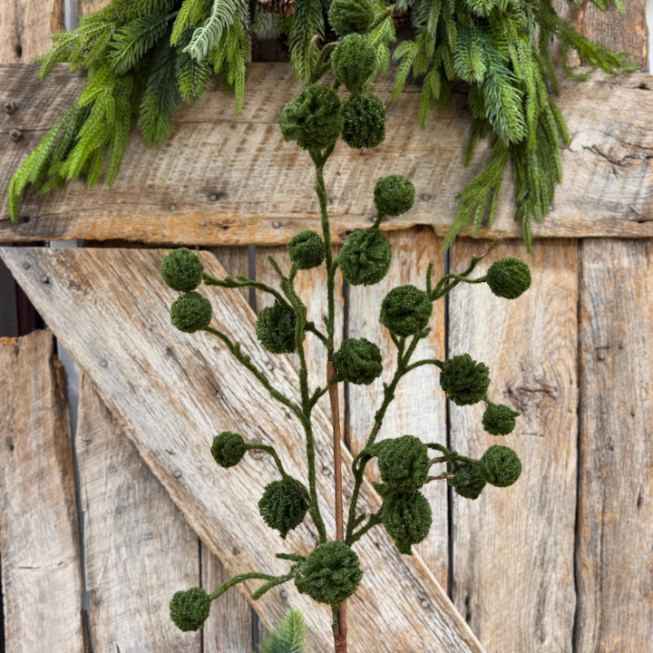 36" Moss Green Pom Pom Twig Spray, Christmas Moss Stem