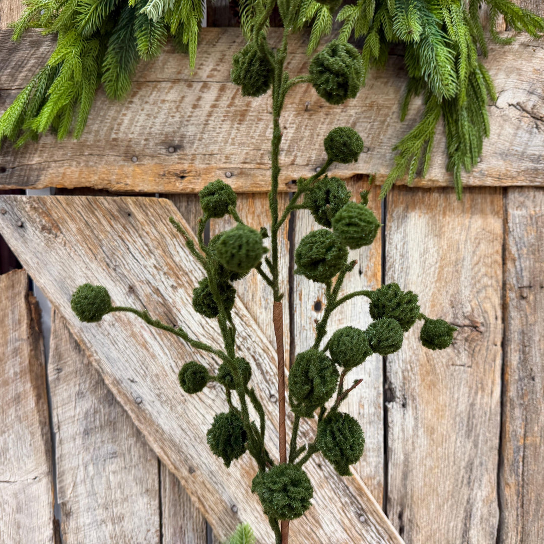 36" Moss Green Pom Pom Twig Spray, Christmas Moss Stem