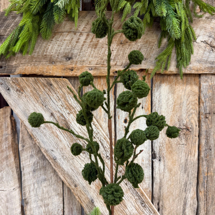 36" Moss Green Pom Pom Twig Spray, Christmas Moss Stem