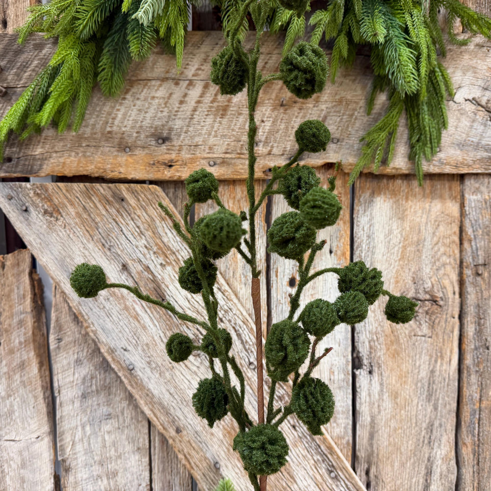 36" Moss Green Pom Pom Twig Spray, Christmas Moss Stem