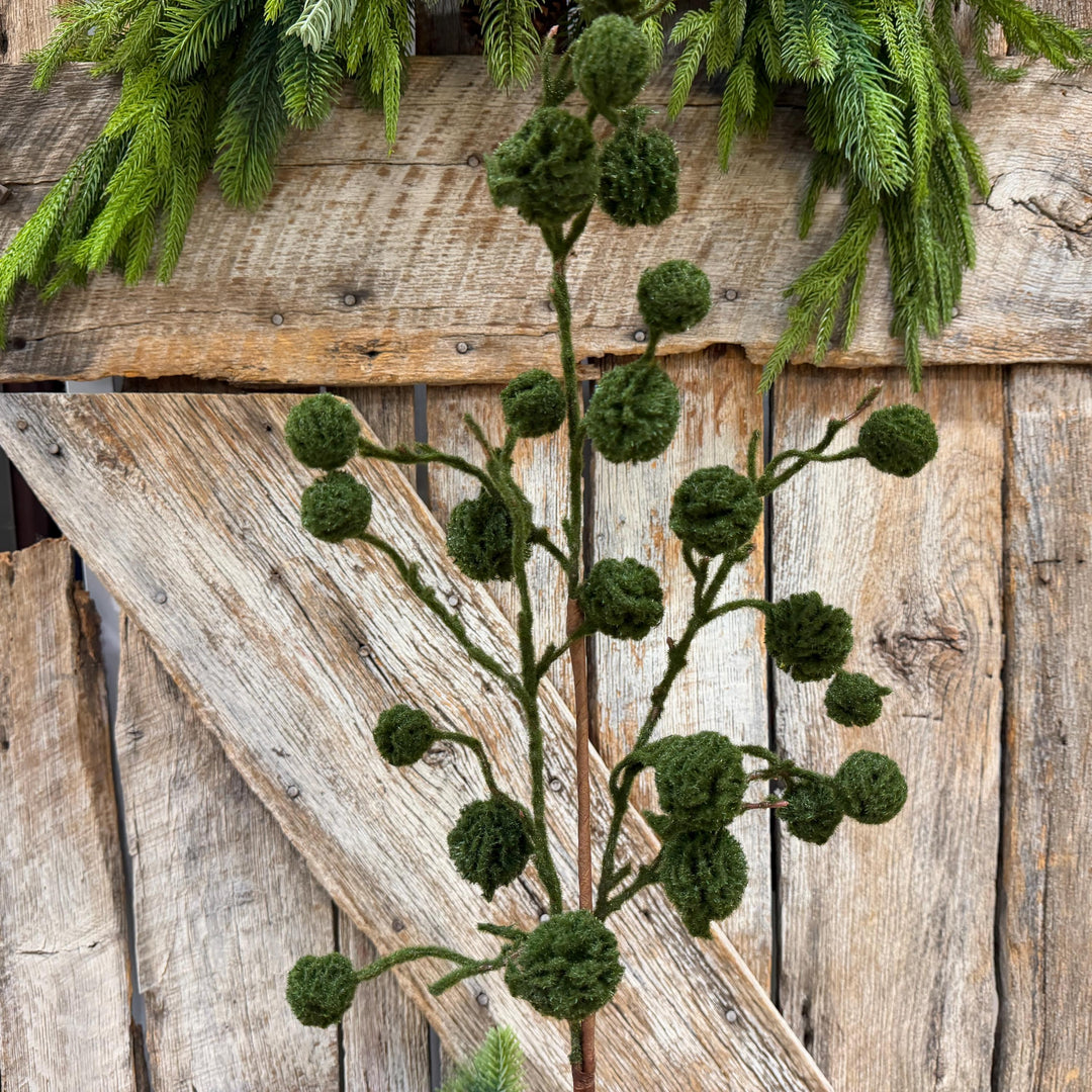 36" Moss Green Pom Pom Twig Spray, Christmas Moss Stem