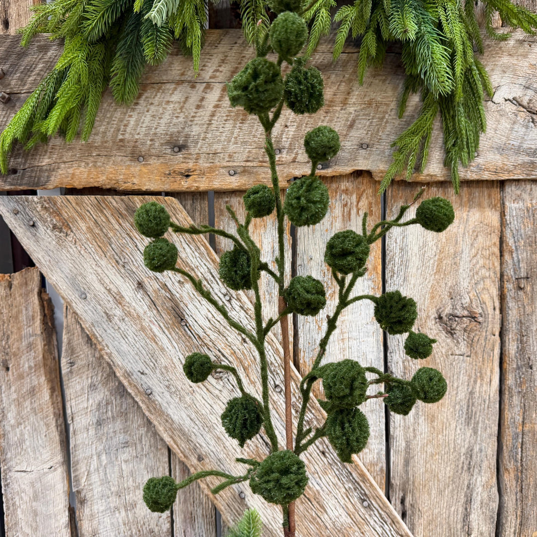 36" Moss Green Pom Pom Twig Spray, Christmas Moss Stem