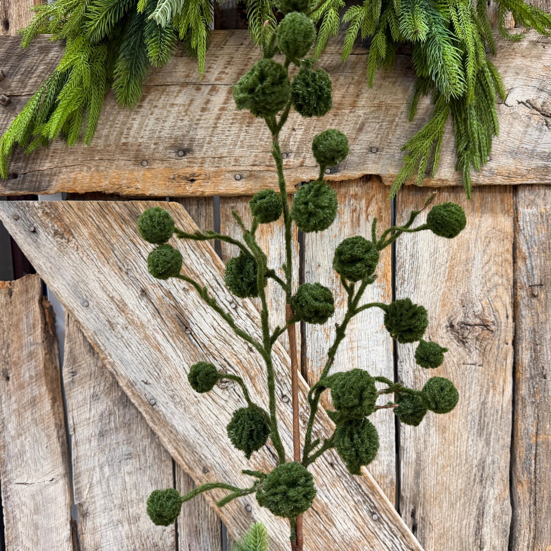 36" Moss Green Pom Pom Twig Spray, Christmas Moss Stem