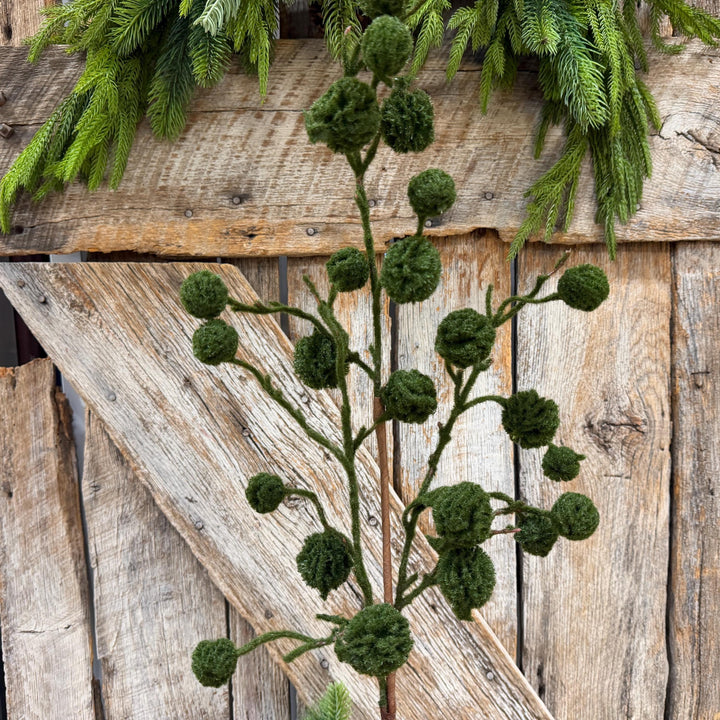 36" Moss Green Pom Pom Twig Spray, Christmas Moss Stem