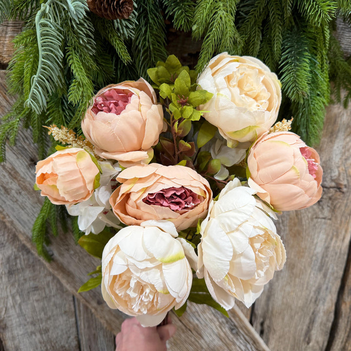 20" Taupe Beige &amp; Ivory Mixed Peony Bush, Artificial Floral Bouquet