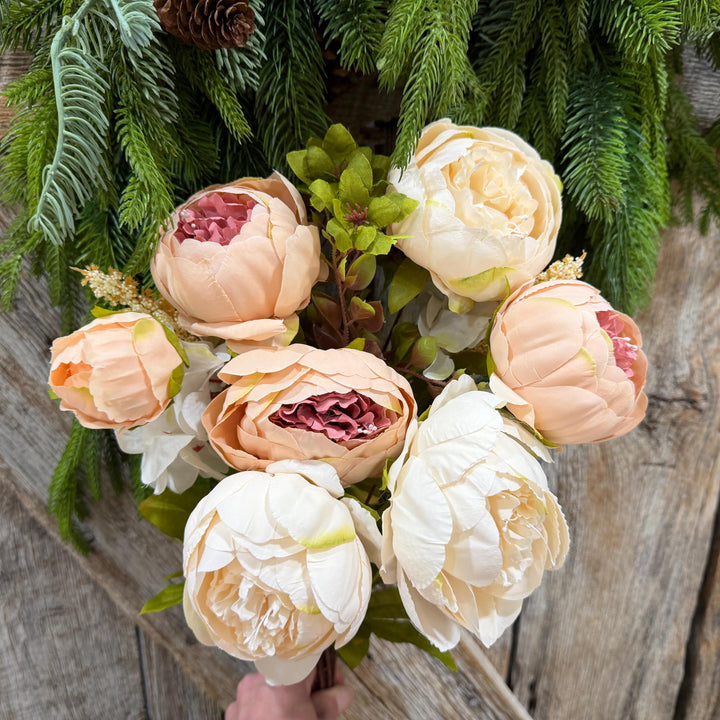 20" Taupe Beige &amp; Ivory Mixed Peony Bush, Artificial Floral Bouquet