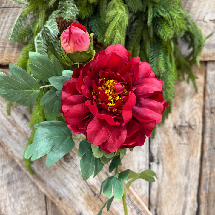 30" Red Peony Spray, Artificial Peony Flower Stem with Bud