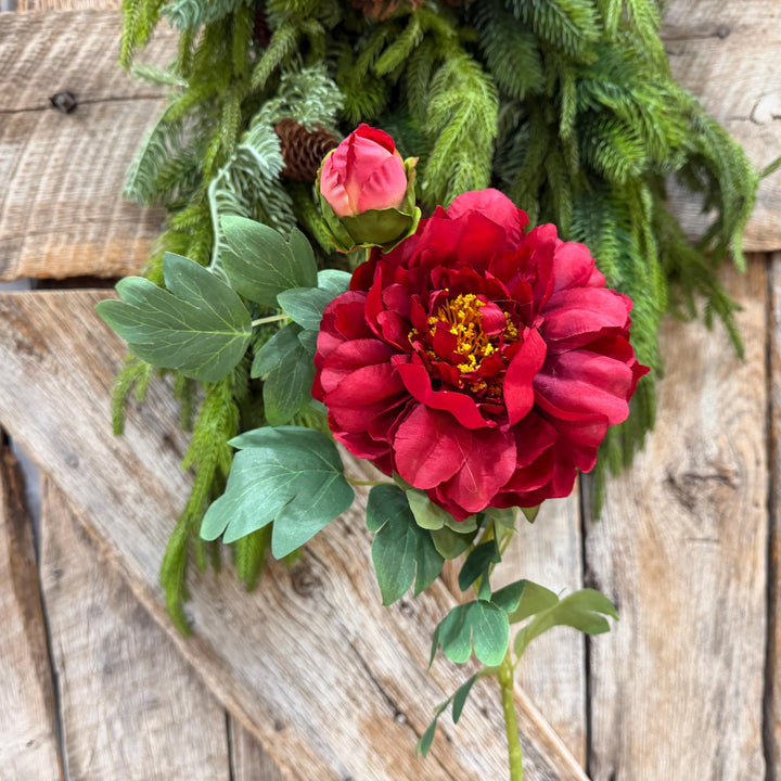 30" Red Peony Spray, Artificial Peony Flower Stem with Bud