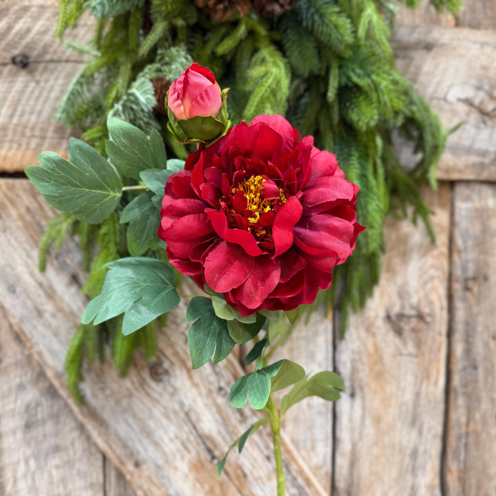 30" Red Peony Spray, Artificial Peony Flower Stem with Bud