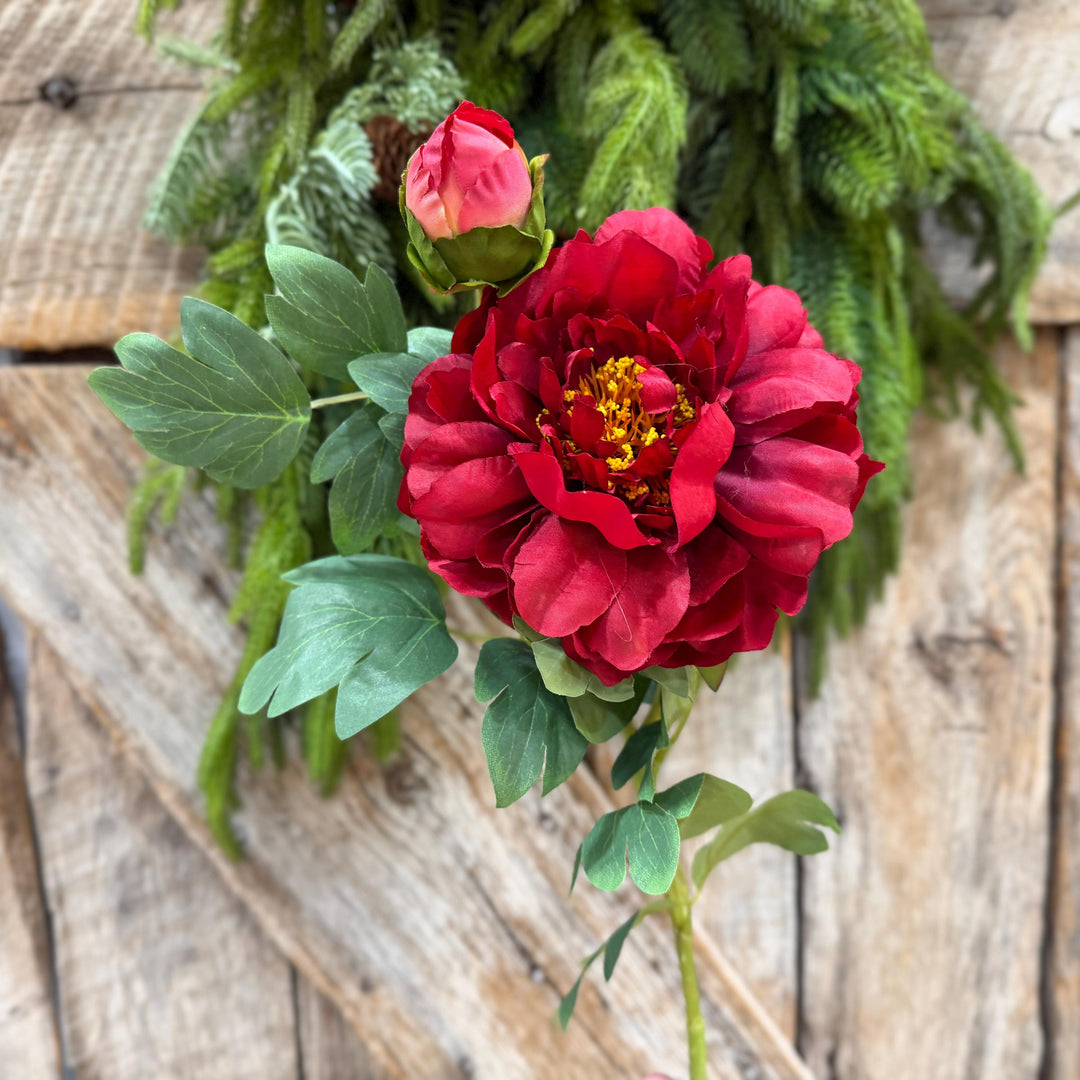 30" Red Peony Spray, Artificial Peony Flower Stem with Bud