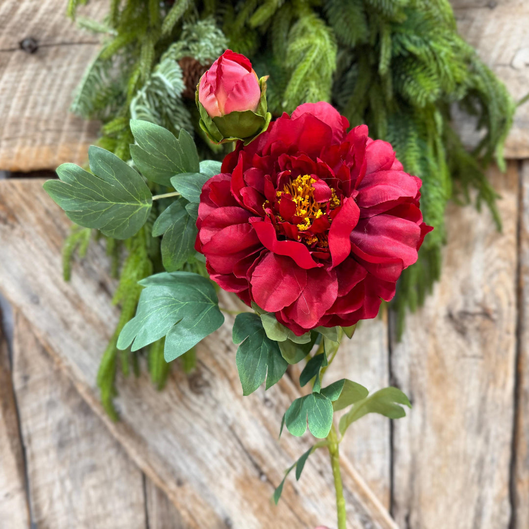 30" Red Peony Spray, Artificial Peony Flower Stem with Bud