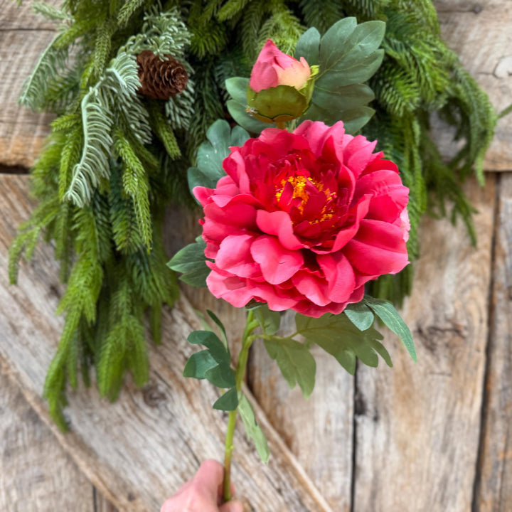 30" Hot Pink Peony Spray, Artificial Peony Flower Stem with Bud