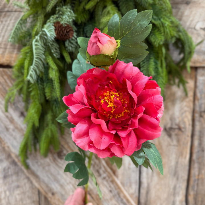 30" Hot Pink Peony Spray, Artificial Peony Flower Stem with Bud