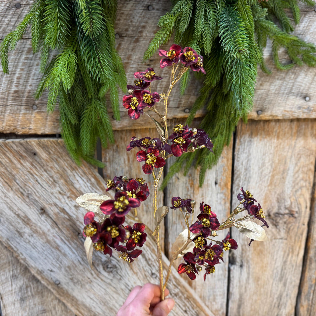 27" Burgundy Blossom Spray, Burgundy Christmas Floral Spray