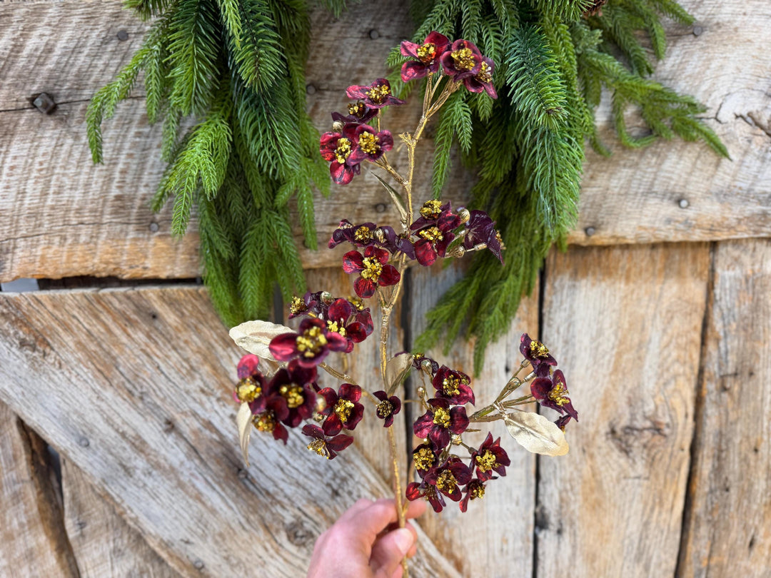 27" Burgundy Blossom Spray, Burgundy Christmas Floral Spray
