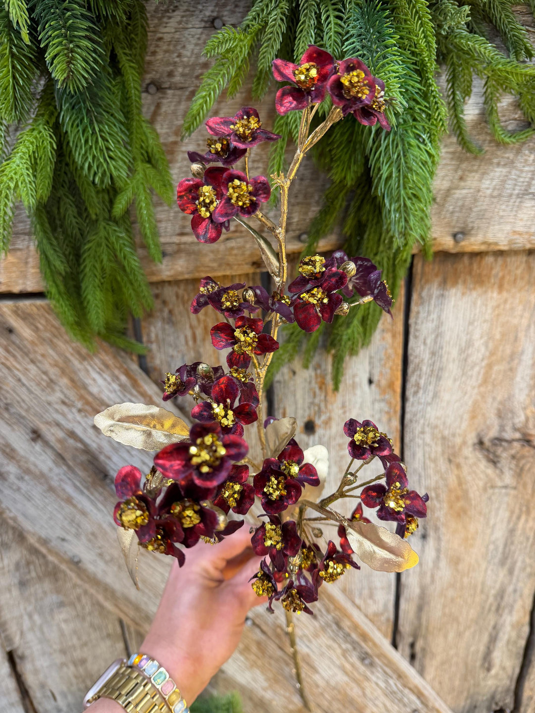 27" Burgundy Blossom Spray, Burgundy Christmas Floral Spray