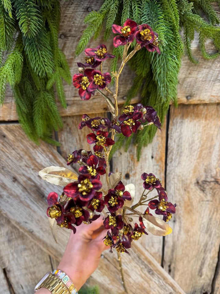 27" Burgundy Blossom Spray, Burgundy Christmas Floral Spray