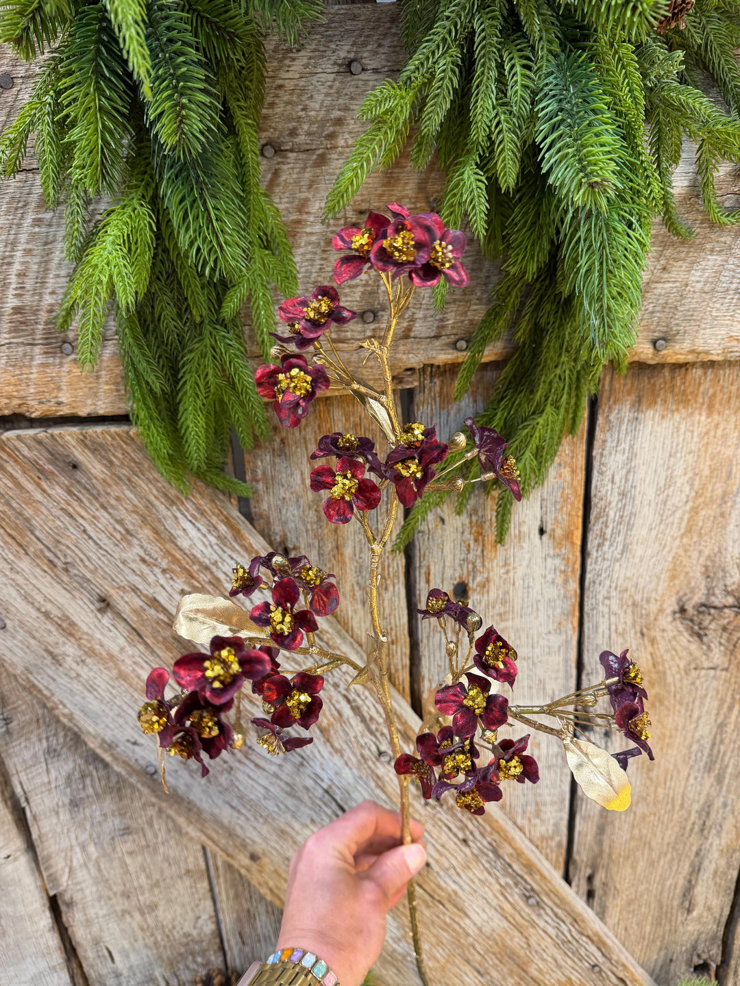 27" Burgundy Blossom Spray, Burgundy Christmas Floral Spray