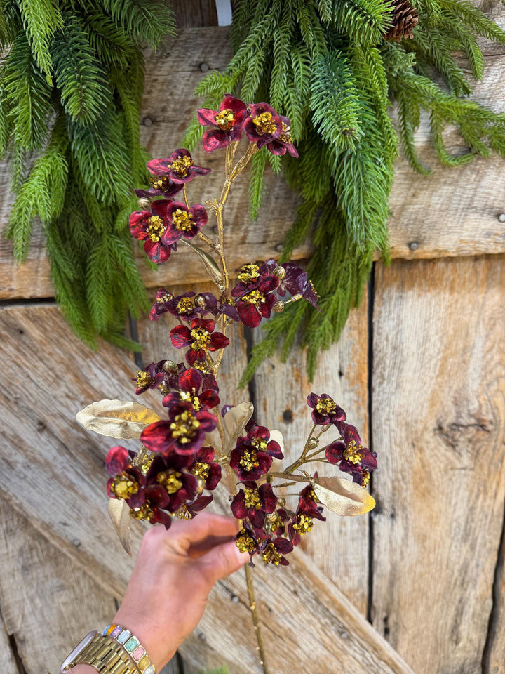 27" Burgundy Blossom Spray, Burgundy Christmas Floral Spray