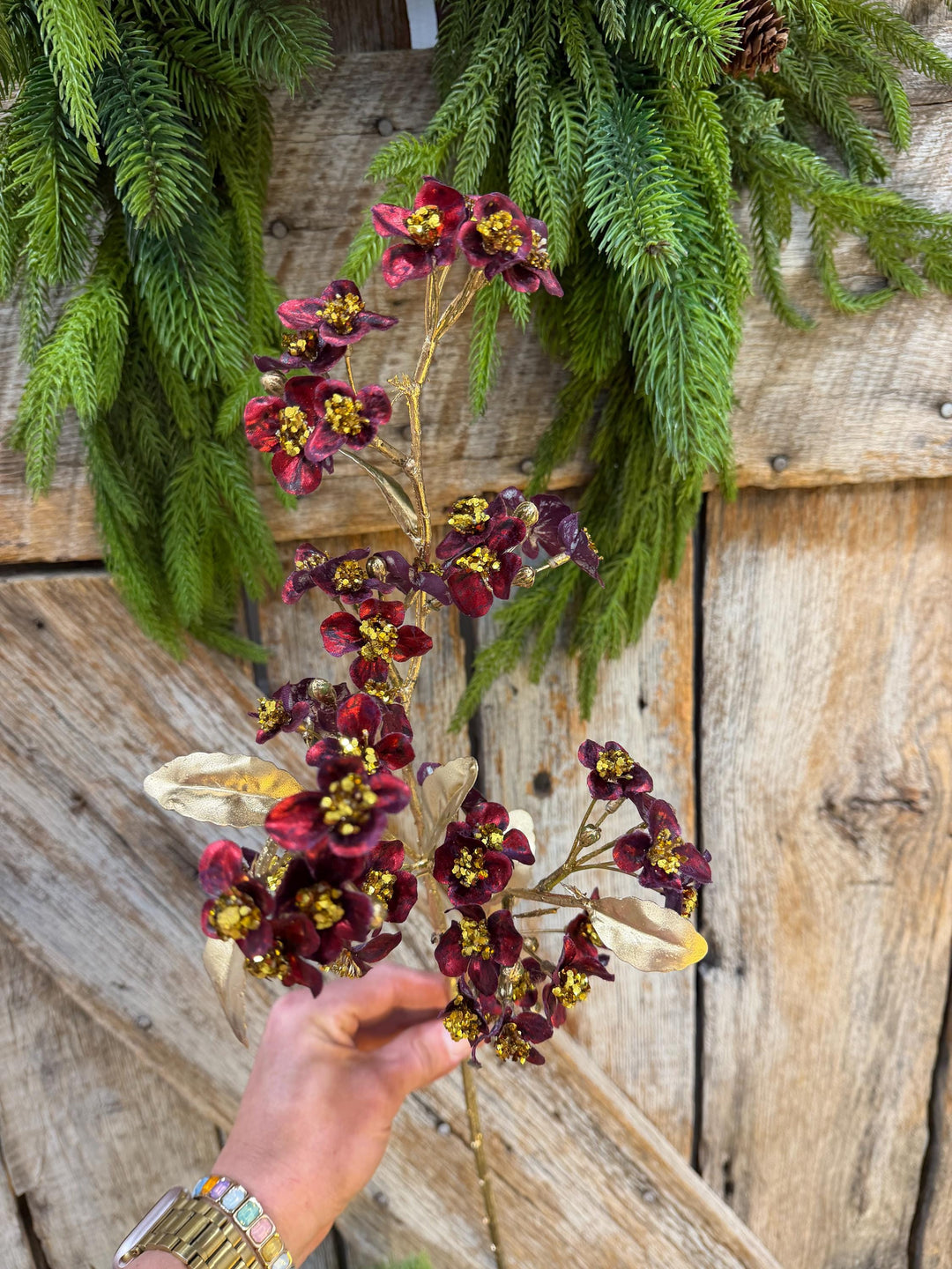 27" Burgundy Blossom Spray, Burgundy Christmas Floral Spray