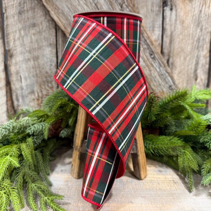 4" Red Green Plaid Ribbon, Farrisilk Ribbon, Christmas Plaid Ribbon, RM003-29