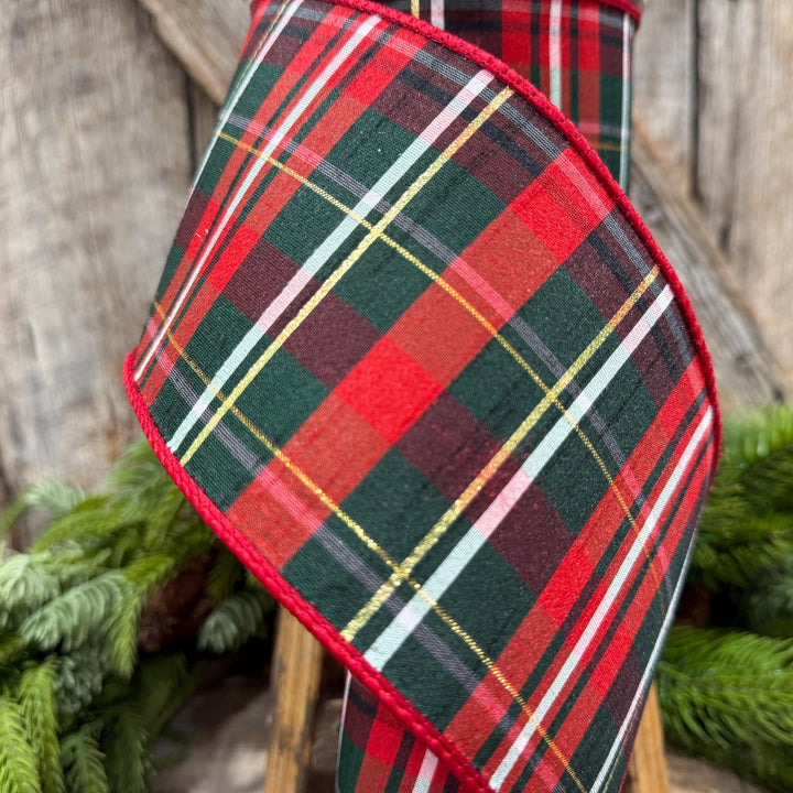 4" Red Green Plaid Ribbon, Farrisilk Ribbon, Christmas Plaid Ribbon, RM003-29