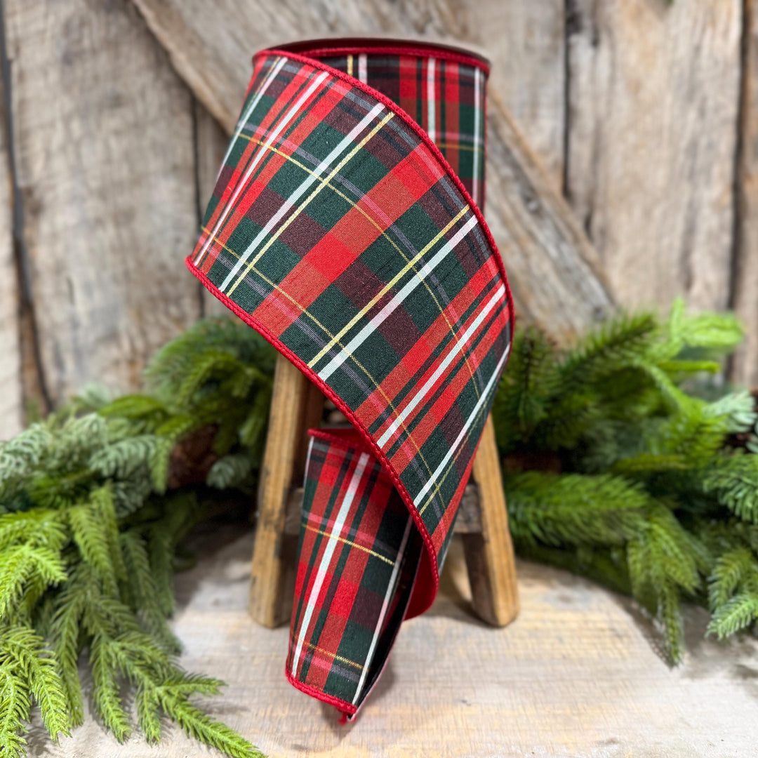 4" Red Green Plaid Ribbon, Farrisilk Ribbon, Christmas Plaid Ribbon, RM003-29