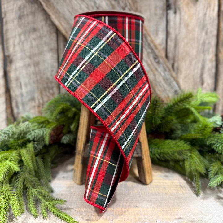 4" Red Green Plaid Ribbon, Farrisilk Ribbon, Christmas Plaid Ribbon, RM003-29