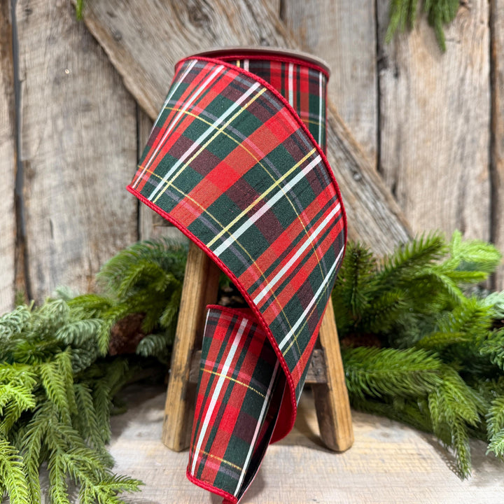 4" Red Green Plaid Ribbon, Farrisilk Ribbon, Christmas Plaid Ribbon, RM003-29