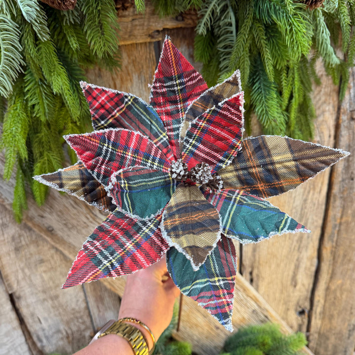 21" Cozy Christmas Plaid Poinsettia Stem