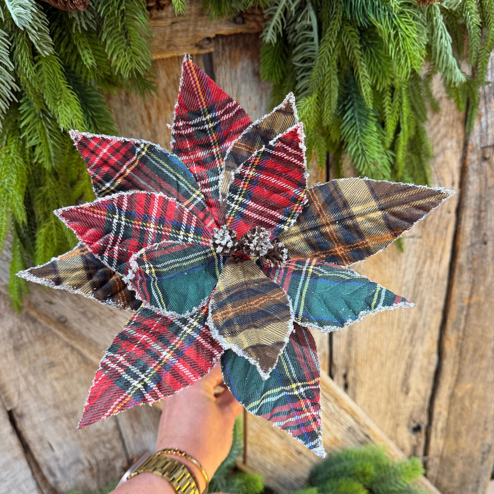 21" Cozy Christmas Plaid Poinsettia Stem