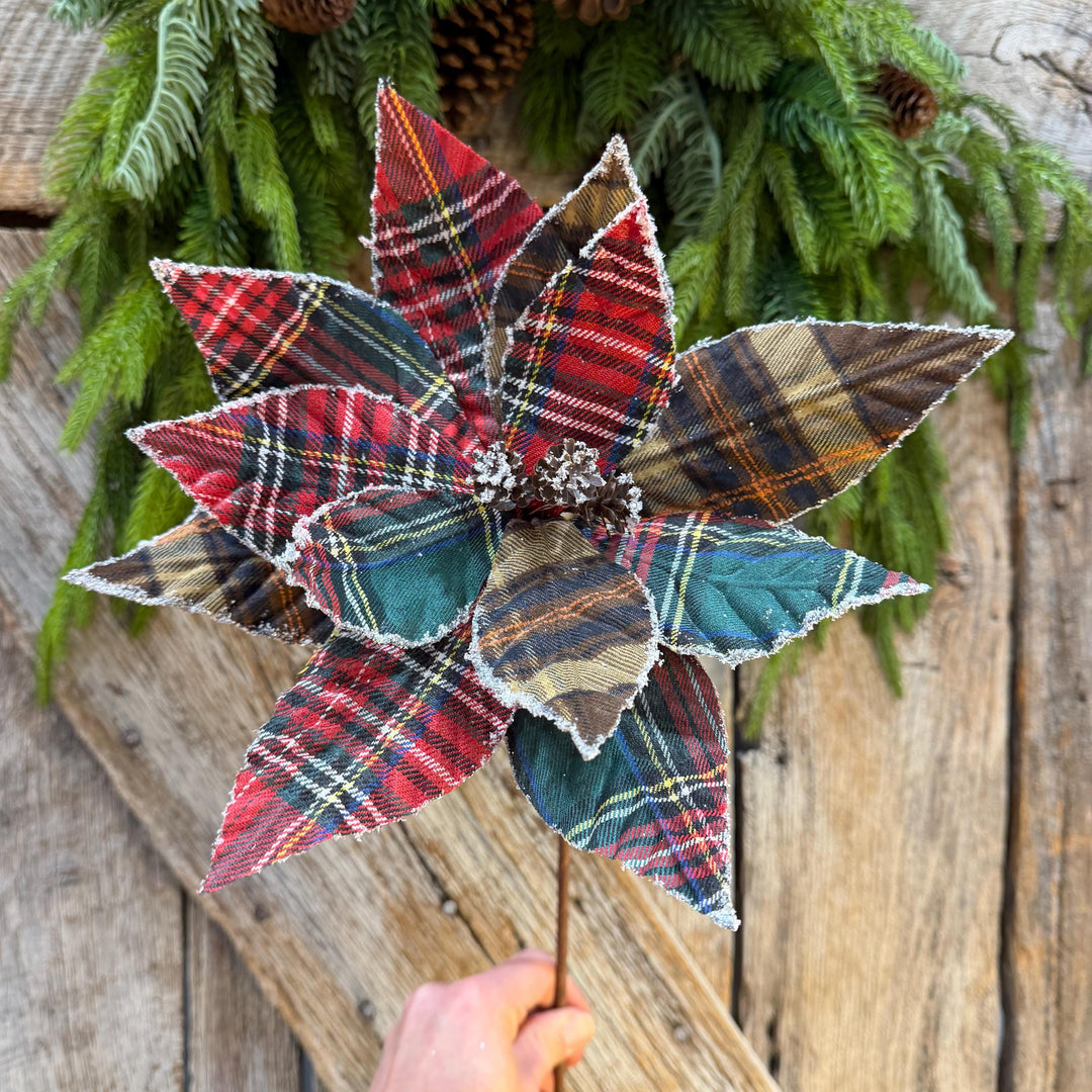 21" Cozy Christmas Plaid Poinsettia Stem