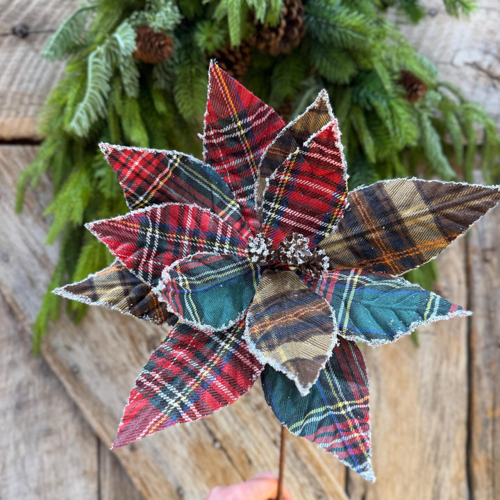 21" Cozy Christmas Plaid Poinsettia Stem
