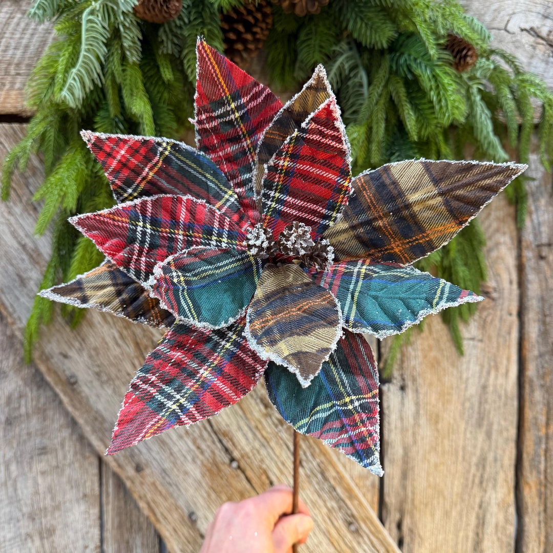 21" Cozy Christmas Plaid Poinsettia Stem