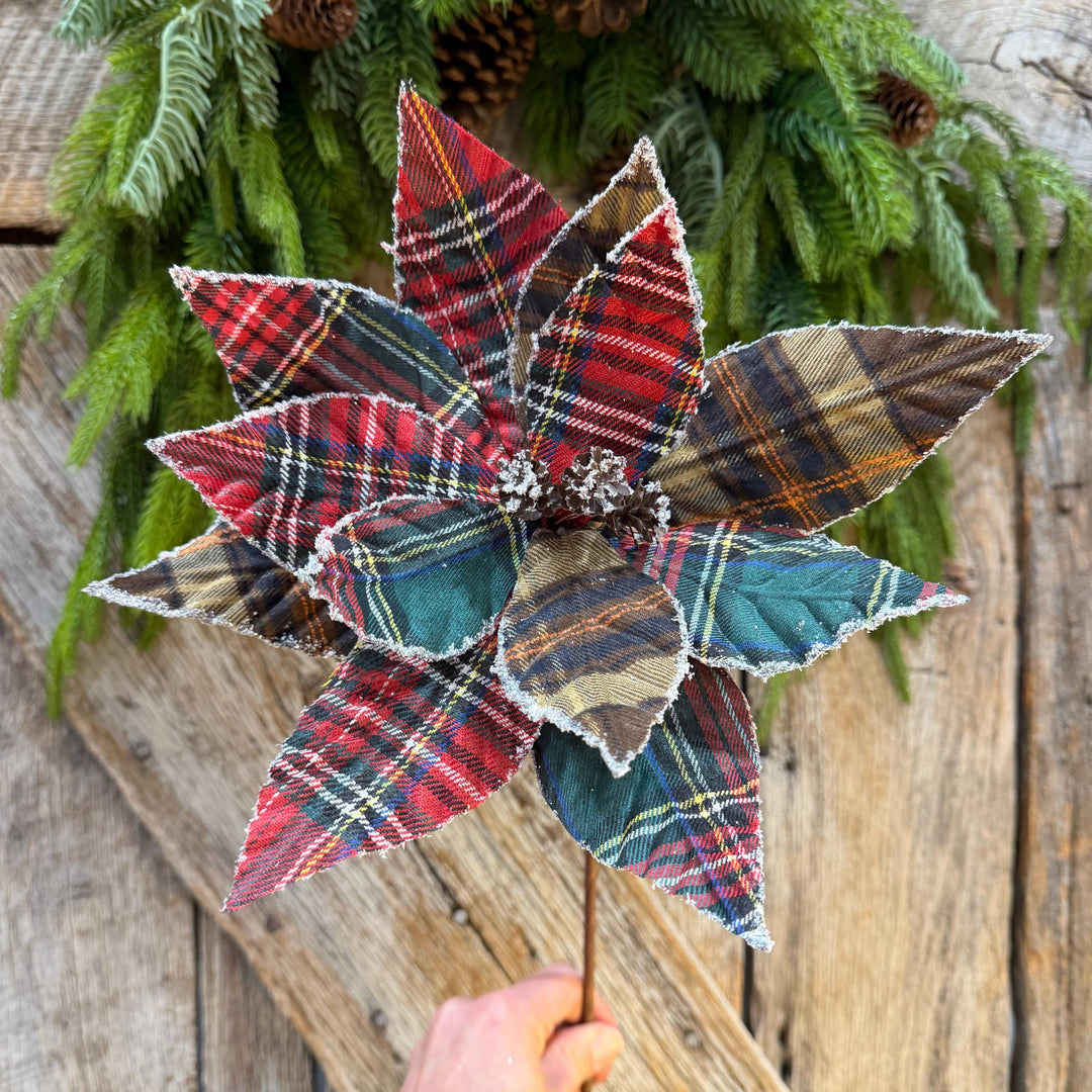 21" Cozy Christmas Plaid Poinsettia Stem
