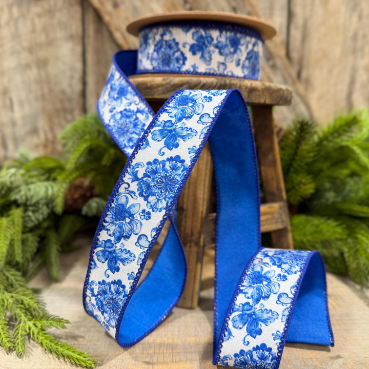 1.5" Blue Chinoiserie Floral Ribbon, Blue &amp; White Floral Wired Ribbon, Designer Ribbon