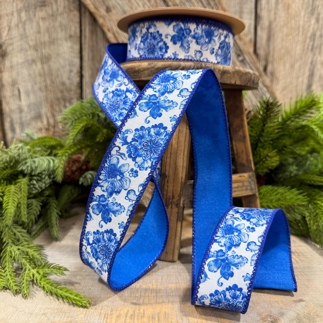 1.5" Blue Chinoiserie Floral Ribbon, Blue &amp; White Floral Wired Ribbon, Designer Ribbon