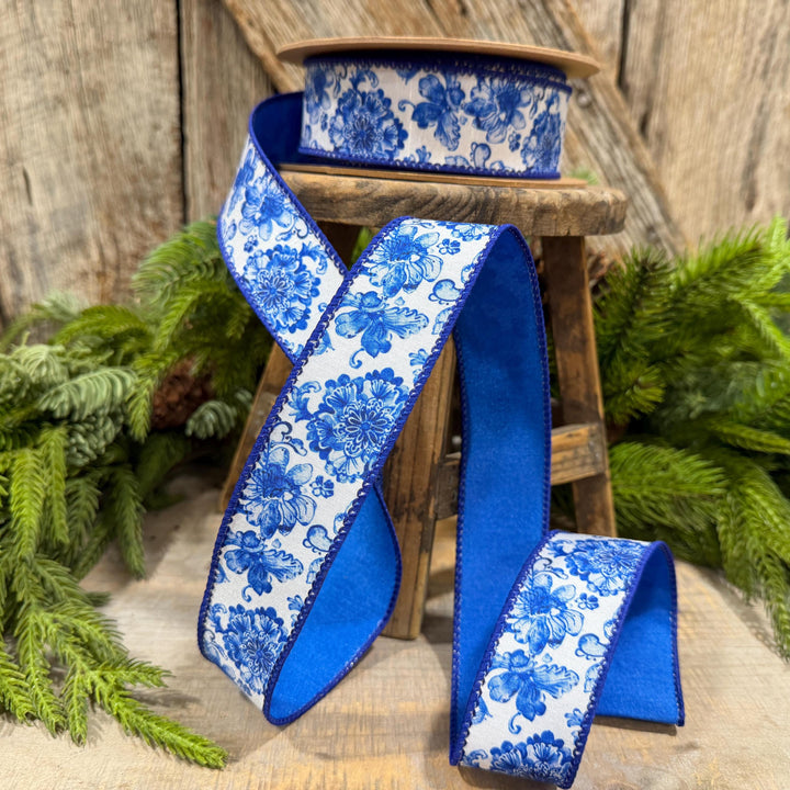 1.5" Blue Chinoiserie Floral Ribbon, Blue &amp; White Floral Wired Ribbon, Designer Ribbon