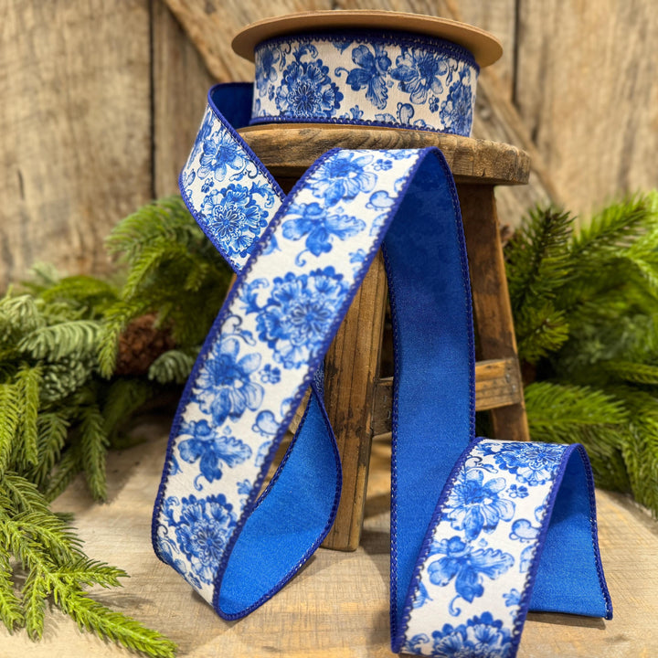 1.5" Blue Chinoiserie Floral Ribbon, Blue &amp; White Floral Wired Ribbon, Designer Ribbon