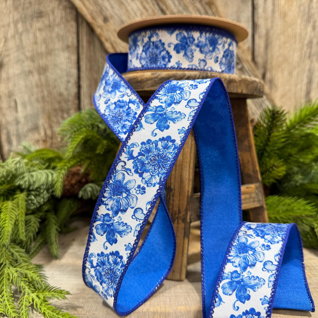 1.5" Blue Chinoiserie Floral Ribbon, Blue &amp; White Floral Wired Ribbon, Designer Ribbon