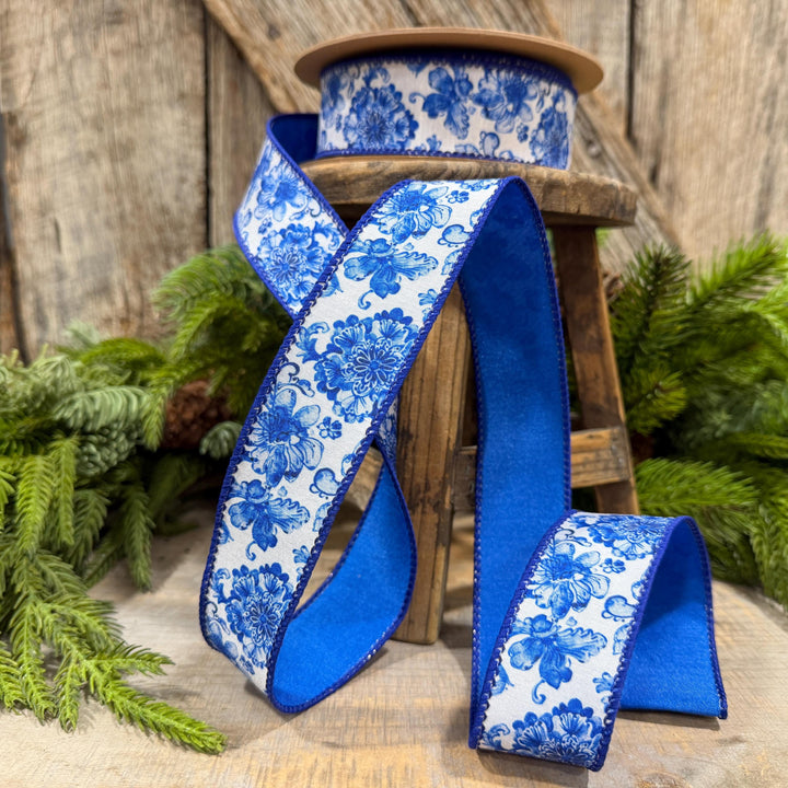 1.5" Blue Chinoiserie Floral Ribbon, Blue &amp; White Floral Wired Ribbon, Designer Ribbon