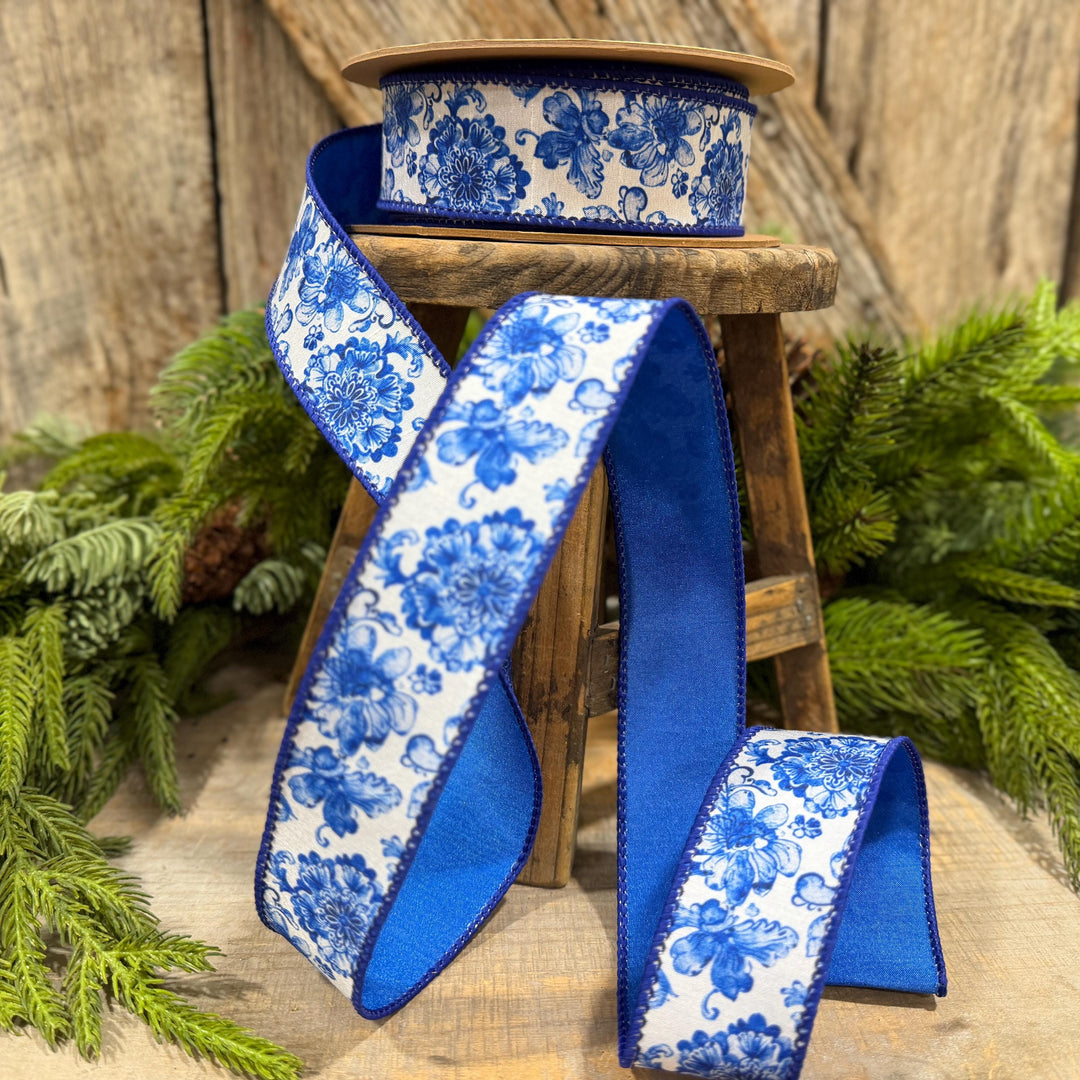 1.5" Blue Chinoiserie Floral Ribbon, Blue &amp; White Floral Wired Ribbon, Designer Ribbon