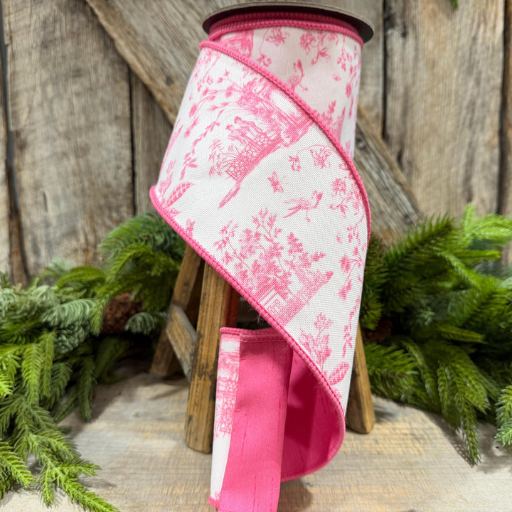 4" Pink Chinoiserie Ribbon, Pink and White Chinoiserie Ribbon, Wired RIbbon, Designer RIbbon